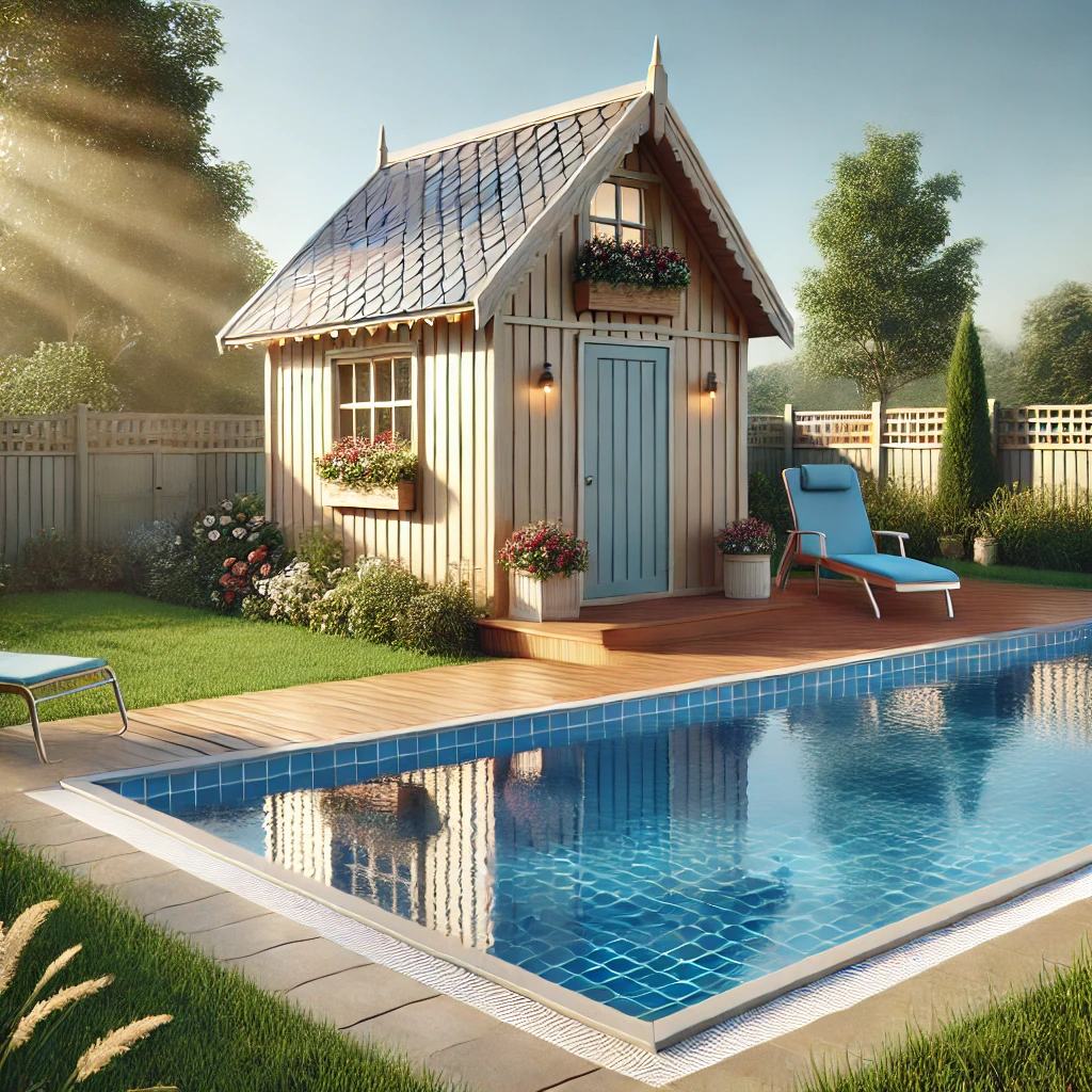 Photographie d'une cabane à côté d'une piscine dans l'Aveyron, construite par Romain Menuiserie