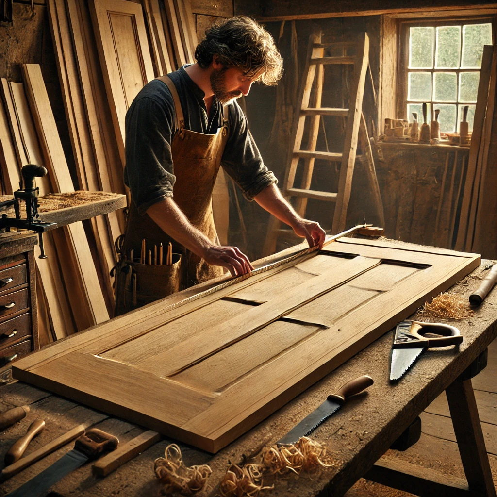 Artisan qui travaille le bois en train de créer une porte