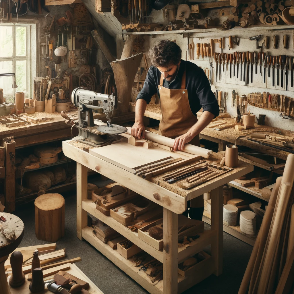 atelier de menuiserie en plein travail. L'image montre un menuisier en action, utilisant une scie circulaire pour découper une pièce de bois, entouré de divers outils et matériaux, reflétant l'ambiance authentique de la menuiserie artisanale.