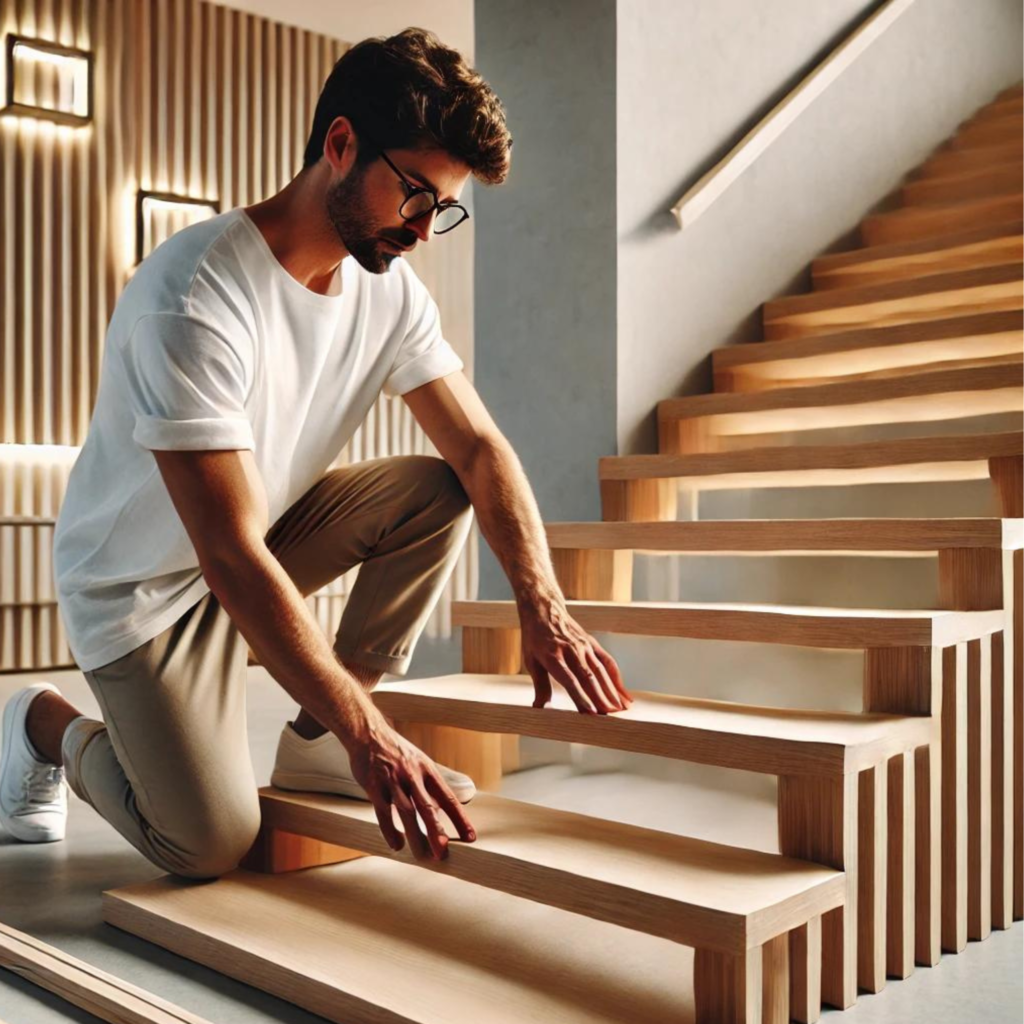 Romain posant un escalier en bois dans une maison d'architecte à Rodez